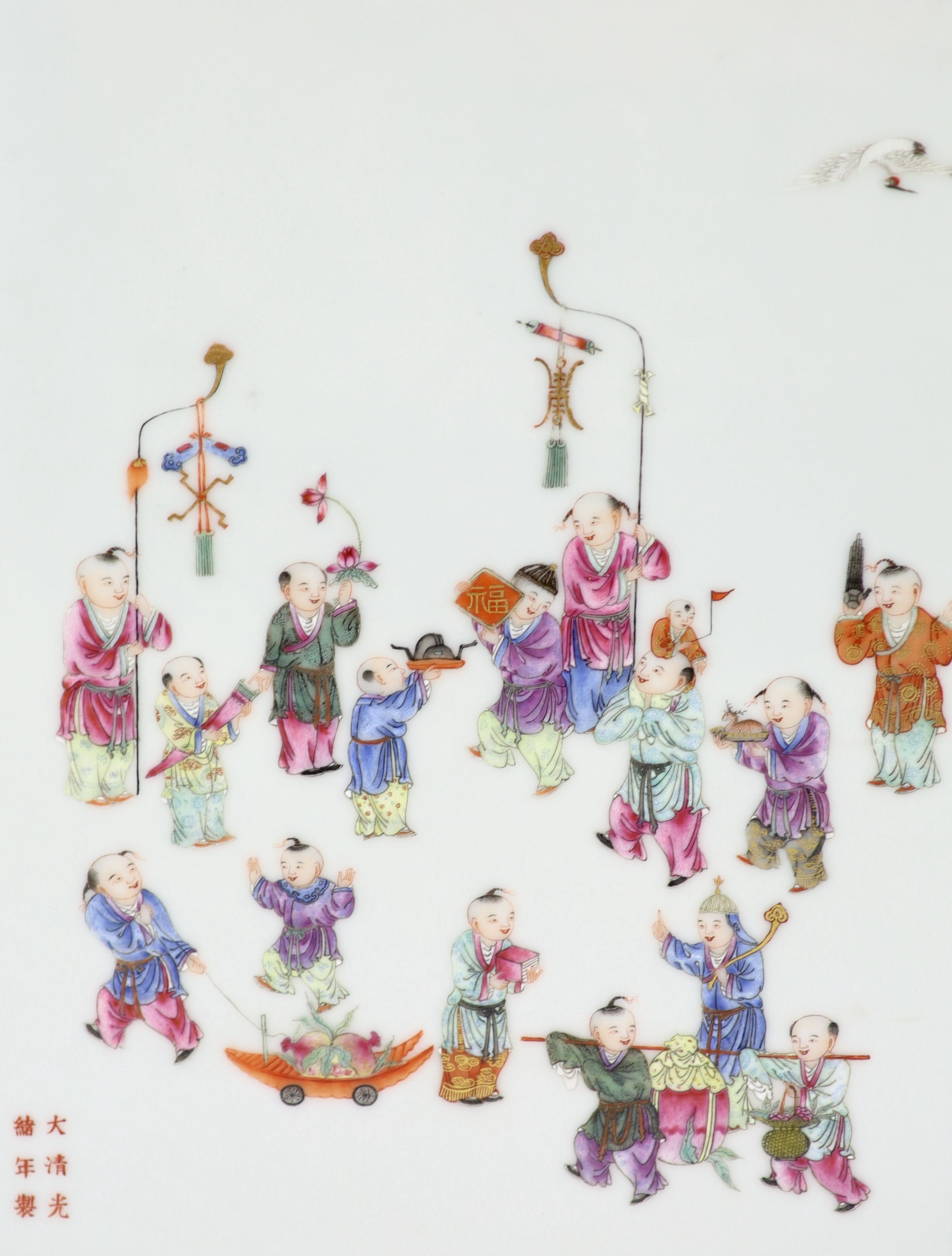 A fine Chinese famille rose ‘boys’ plaque, Guangxu mark but Republic period, Plaque 31cm x 25cm, frame 33.7cm x 28cm